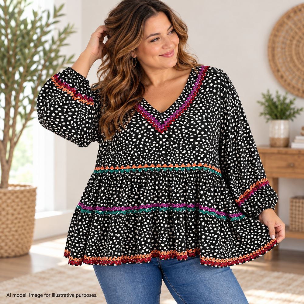 Savanna Jane Shirt Women 1X Black Flowy Speckled Dot Embroidered Bell Sleeve TAG